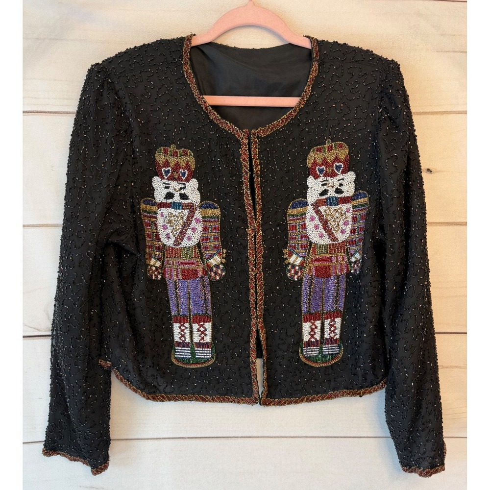 Vintage Black Beaded Nutcracker Christmas Holiday Silk Evening Jacket Cropped